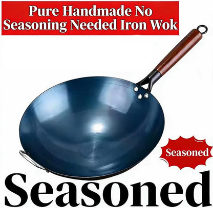 14 Inch Blue Carbon Steel Wok - Pre-Seasoned Flat Bottom Stir Fry Pan (5 Quart) - Heavy Duty Cookware for Induction & Gas Stovetops5