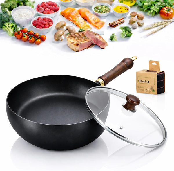 2026 Upgraded Uncoated Thick Iron Pot, Japanese Hand-Forged Non-Stick Iron Pan without Coating, Durable and Rust-Free for Cooker Gas Stir Fry Pans round Bottom with Lid (Glass Lid,11In)1