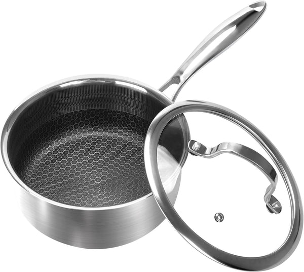 2 Quart Nonstick Saucepan with Glass Cover, Stainless Steel Induction Sauce Pan with Honeycomb Carving, Non-Stick Sauce Pot, Compatible with All Cooktops, Dishwasher Safe1
