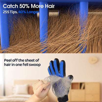 Pet Hair Removal Glove with 255 Silicone Tips for Dogs & Cats, 1 Pair Blue | 2-In-1 Deshedding & Massage Mitt, 5-Finger Flexible Design, for Bathing & Grooming, Safe for Long/Short/Curly Hair Pets2