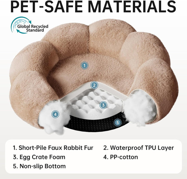 Ohgeni 31 Inches Calming Donut Orthopedic Dog & Cat Bed for Medium Pets, Warming Comfort Fluffy Short Pile Fur, Durable Waterproof Machine Washable Removable Cover, Cute round Bed for Puppy, Camel8