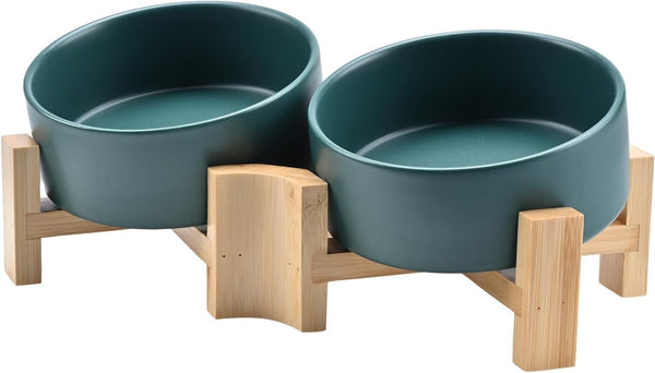 SPUNKYJUNKY 15° Slanted Ceramic Dog and Cat Bowl with Wooden Stand, Tilted Bulldog Food and Water Bowl No Slip Non-Spill for Cats Medium Dogs Big Face Pets 13.5 OZ (1.7 Cups, Green × 2)1