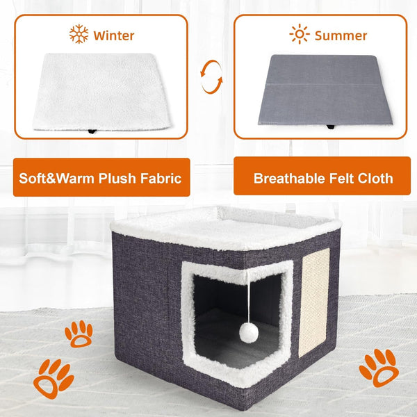 Loyareal Cat Houses for Indoor Cats - Large Cat Bed Cave with Scratch Pad and Fluffy Ball, Foldable Cat Condo Hideaway with Reversible Cushion for Multi Small Pet, Dark Grey5