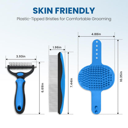 Double-Sided Pet Grooming Rake - 4-In-1 Professional Pet Grooming Kit Deshedding Dematting Tool for Dogs Cats Extra-Wide Grooming Brush & Deshedder Comb for Long & Short Haired Pets (Blue Kit 4PCS)5