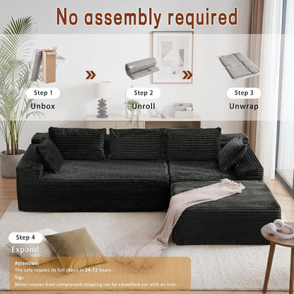 110" Boneless Modular Sectional Sofa with Chaise, L-Shaped Comfy Corduroy Fluffy Couch with Deep Seat and Side Pockets, Flexible Module Combination for Living Room, No Assembly, Side Pockets7