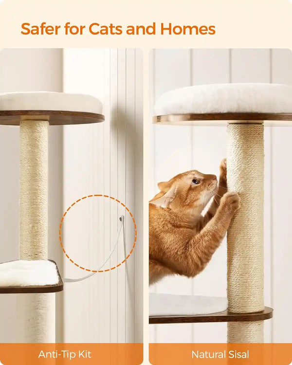 Feandrea Cat Tree, 64.6-Inch Modern Cat Tower, Multi-Level Condo with 5 Scratching Posts, Perch, Washable Removable Cushions, Cave, Rustic Brown UPCT166X018