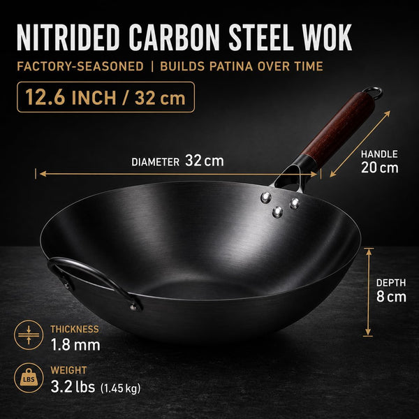 12.6-Inch Nitrided Carbon Steel Wok Pan, Flat Bottom, Induction | Fast-Heating Carbon Steel for Stir-Fries, Fried Rice and Noodles. Pfas-Free, Factory-Seasoned, Induction Ready; Serves 3-4.3