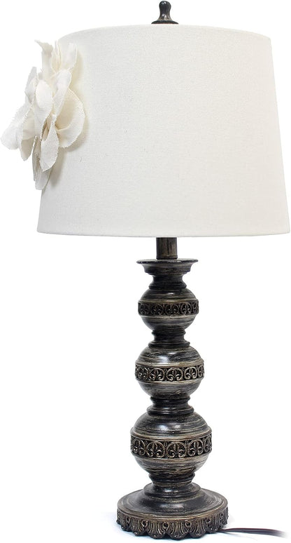 LT3097-WHT Stacked Ball Lamp with Couture Linen Flower Shade, Aged Bronze5