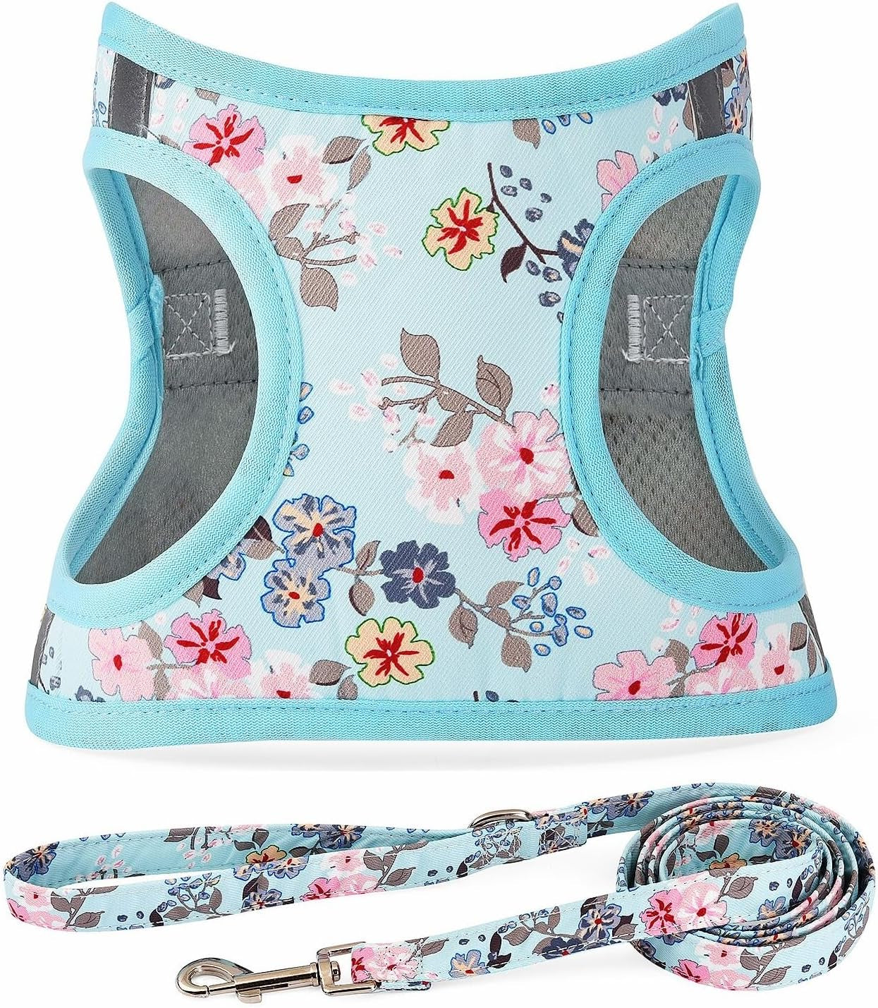 step-in-dog-harness-leash-set-all-weather-reflective-no-pull-floral-pattern-padded-mesh-vest-harness-for-cats-puppy-extra-small-small-medium-large-dogs-pink-flower-s