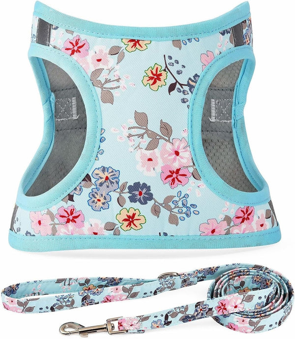 Step in Dog Harness Leash Set- All Weather Reflective No-Pull Floral Pattern Padded Mesh Vest Harness for Cats Puppy Extra-Small Small Medium Large Dogs - Pink Flower - S9