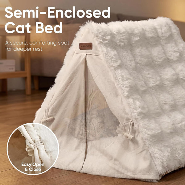 FUKUMARU Cat Cave Bed, Sturdy Frame Washable Cat Tent Bed with Curtain | Semi-Enclosed Cat Hideaway for Anxious Cats, Large Cozy Cat House for Indoor Cats, Soft Plush Covered Dog Bed, Cream2