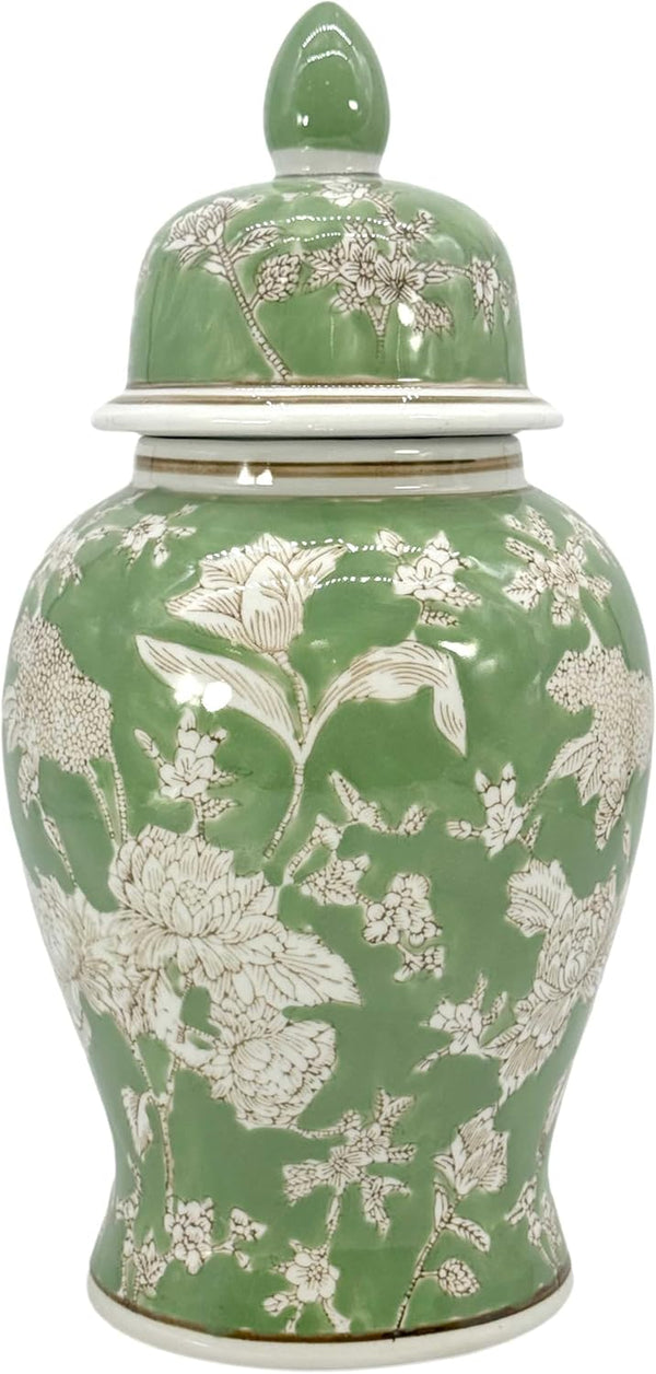 14" Green & White Floral Ceramic Porcelain Ginger Jar Floral Home Décor Jar Urn Shape Vase1