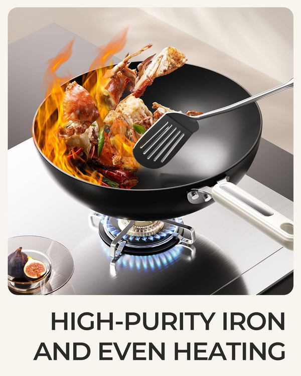 Carbon Steel Wok Pan - 11.8 Inch Pre-Seasoned Flat Bottom Chinese Woks & Stir Fry Pans with Lid, Lightweight Kitchen Cookware for All Stovetops, Gas, Electric, Gift for Women/Mom with Spatula Spoon2
