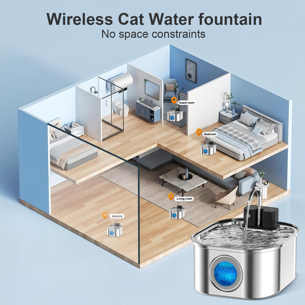 Cat Water Fountain Wireless,Stainless Steel-Rechargeable- Battery Operated Cat Water Fountain,108Oz/ 3.2L Automatic Cordless Pet Fountain,Pet Fountain with 4200 Mah Battery3