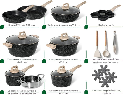JUST PERFECTO Kitchen Pots and Pans Set with Lids Non Stick - Induction Pots Set - Pots & Pans Set without PTFE and PFOA - Cookware Pot Set Induction 21 Pcs (Black)2