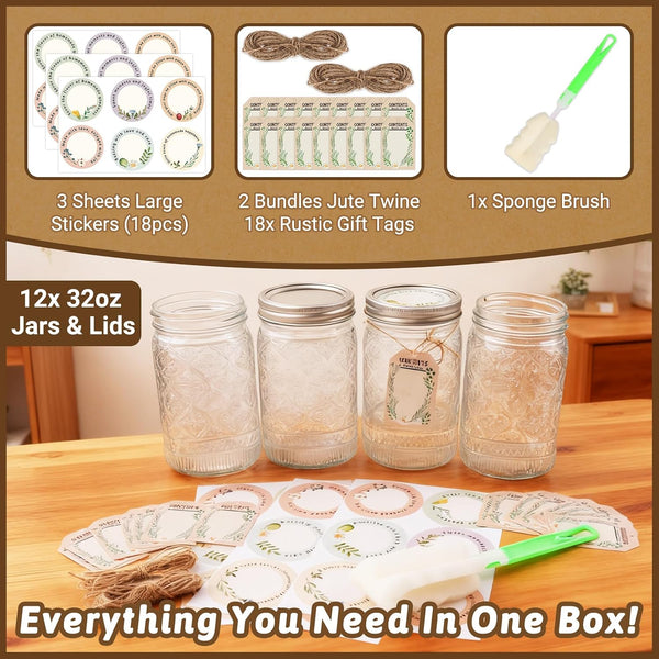 Wide Mouth Mason Jars 32Oz, 12-Pack with Airtight Lids and Bands | Quart Glass Canning Jars for Pickling, Food Storage, Fermentation, Overnight Oats; Includes Rustic Stickers, Tags, Brush4