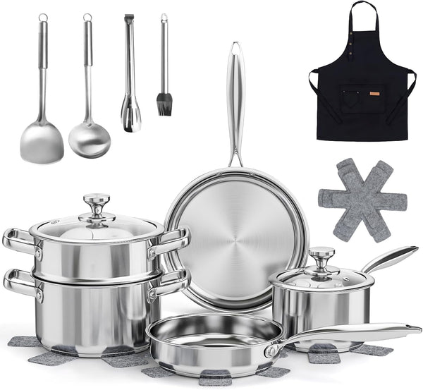 Pots and Pans Set Non Toxic, 16Pcs Stainless Steel Cookware Set with Steamer, Kitchen Induction Cookware with Utensil Sets, Pot Protectors and Apron for Oven & Dishwasher Safe1