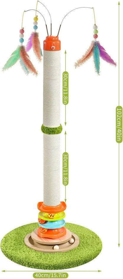 YARUOMY Tall Cat Scratching Post，40'' Cat Scratcher Tree Cat Toys for Indoor Cats with Cat Toys 4-Tier Roller Track，Automatically Rotating Cat Teaser Wand，Hanging Balls for Kittens Adults Cats8