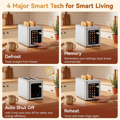 2 Slice Toaster Smart Touchscreen, Stainless Steel Wide Slot Toasters Defrost, Reheat, Memory Function, Auto Shutoff, Digital Electric Bread Toaster for Bagel Muffin Waffle, 120V5