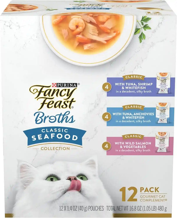 Purina Fancy Feast Broths, Classic Seafood Wet Cat Food, 1.4 Oz, 12-Pack1