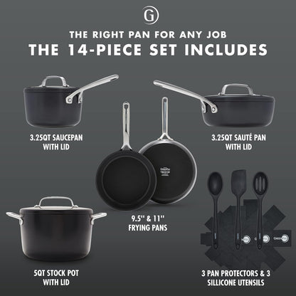 GP5 Hard Anodized Healthy Ceramic Nonstick 14 Piece Cookware Pots & Pans Set,Heavy Gauge Scratch Resistant, Stay Flat Surface,Induction, Mirror Finish Handle,Oven Safe, Pfas-Free, Black3