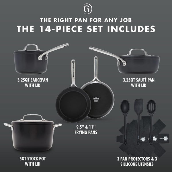 GP5 Hard Anodized Healthy Ceramic Nonstick 14 Piece Cookware Pots & Pans Set,Heavy Gauge Scratch Resistant, Stay Flat Surface,Induction, Mirror Finish Handle,Oven Safe, Pfas-Free, Black3