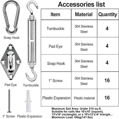 44 Pcs Shade Sail Hardware Kit 6 Inch Outdoor Sun Sail Accessories | 304 Stainless Steel Turnbuckles & Brackets for Triangle/Rectangle Sails, Patio Canopy Installation Hardware Set2
