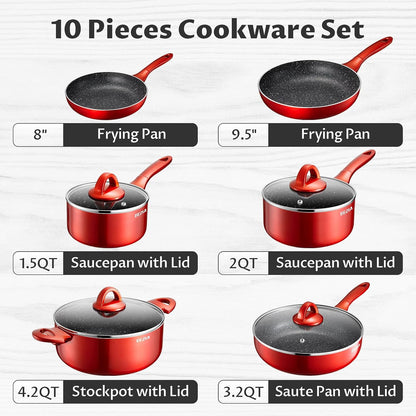 Pots and Pans Set Non Stick, Induction Cookware Set 10-Piece, Red | Stay-Cool Bakelite Handles, Pfoa-Free Nonstick Healthy Cooking Set with Frying Pans, Saucepans & Stockpot, for All Stovetops2