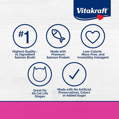 Vitakraft Lick 'N' Lap Real Salmon Squeezeable Liquid Cat Treats, Lickable, Salmon Broth #1 Ingredient, No Artificial Colors, Preservatives or Added Sugar, for Hydration, 0.52 Oz. Tubes, 16 Count2