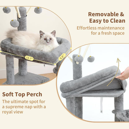 Heybly Cat Tree, 45.3-Inch Cat Tower for Indoor Cats with Large Perch, All-In-One Cat Furniture with Cozy Bed, Hidden Space Cat Condo, Comfy Hammock, Scratching Posts & 3 Pompoms, Light Gray HCT202SW5