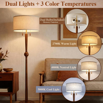 Solid Wood Floor Lamp for Living Room with Wooden Pull Chains | 62.8" Tall,Sculptural Wood Base & Stem,17" Linen Drum Shade,2-Light Standing Lamp for Bedroom & Reading Corner,Bulbs Included4