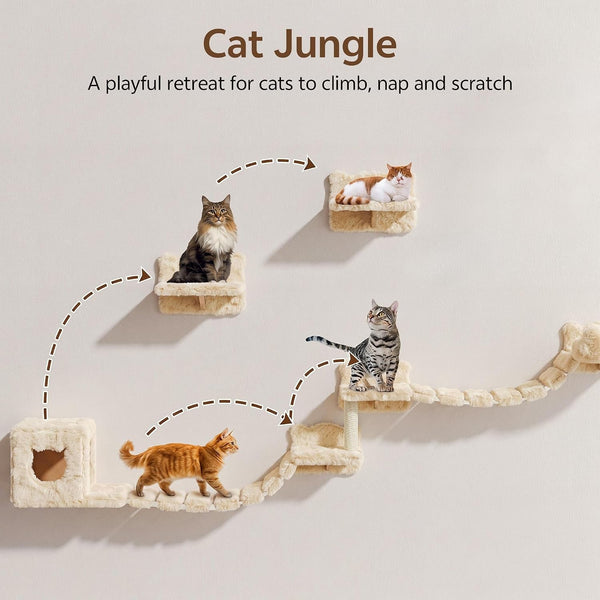 9-In-1 Cat Wall Shelves, Cat Wall Furniture Set with Bridge, Beige | Wall Mounted Cats Shelf for Space-Saving, Multi-Level Cat Climbing Systems for 16 Inch Drywall, with Scratching Posts, Condos5