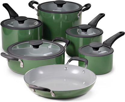 Ceramic Non Stick 11-Piece Nesting Pots and Pans Set - Green | Stackable Kitchen Cookware Set with Lids, Dishwasher and Oven Safe2