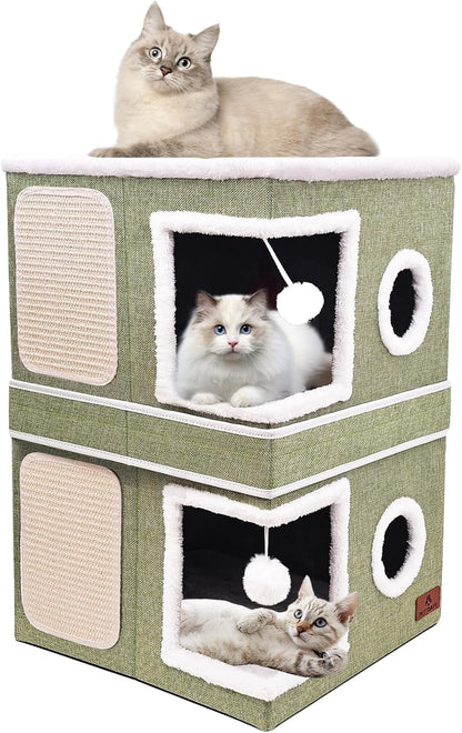 Cat Beds for Indoor Cats, Large Cat Cave Bed with Scratch Pad and Fluffy Ball, Foldable Cat Hideaway, Cat House with Reversible Cushion for Multi Small Pet up to 30LBS, Grey14