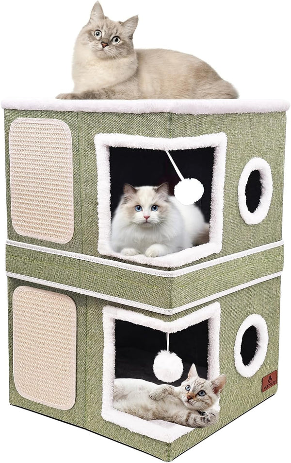Cat Beds for Indoor Cats, Large Cat Cave Bed with Scratch Pad and Fluffy Ball, Foldable Cat Hideaway, Cat House with Reversible Cushion for Multi Small Pet up to 30LBS, Grey14
