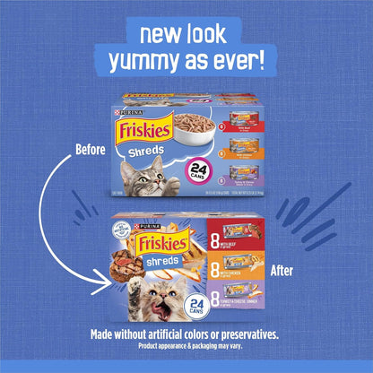 Purina Friskies Gravy Wet Cat Food Variety Pack, Shreds with Beef, with Chicken, and Turkey and Cheese Dinner - (Pack of 24) 5.5 Oz. Cans2