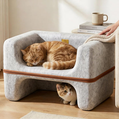 Large Cat Bed for Indoor Cats, 2-Tier Cat Cave Bed with Top Lounge & Lower Hideaway, Washable PET Felt Cat Sofa for Living Room, Bedroom, Apartment, Scratch-Friendly Cat Furniture, Light Gray1