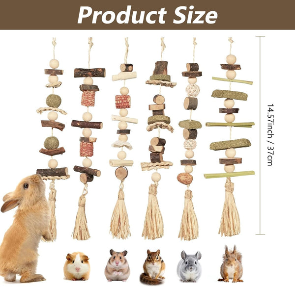 6PCS Hanging Bunny Chew Toys, Natural Apple Wood Rabbit Chews | Teeth Grinding & Dental Health, Small Animal Wooden Cage Toy for Guinea Pigs, Hamsters, Chinchillas, Ferrets, Rats, Gerbils7