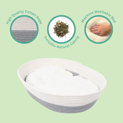 Kitty City Woven Cat Bed with Removable Washable Cushion, Cozy Braided Rope Indoor Cat Bed with Natural Catnip, Warm round Cat Bed for Small to Medium Cats, 14” X 19" - White/Grey5
