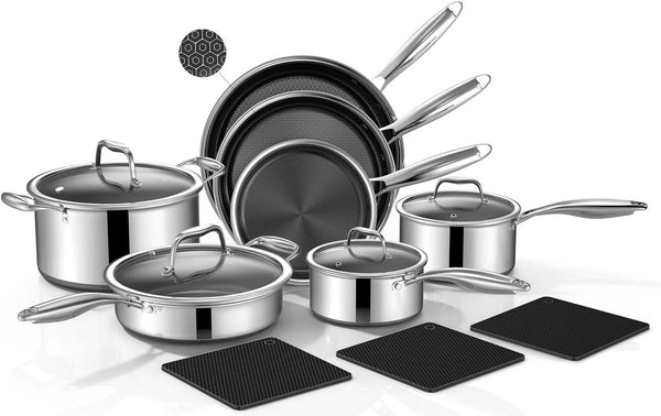 14-Piece Hybrid Stainless Steel Cookware Set with 3 Silicone Trivets | Heavy-Duty Pots and Pans Set, Induction Compatible, Oven Dishwasher Safe, PFOA Free1