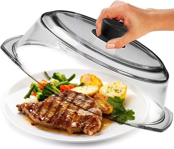 Tall Glass Microwave Splatter Cover - Cool Touch Easy Grip Handle | Durable Borosilicate Glass, Plastic Free, Lead & BPA Free, Dishwasher Safe, Dual Steam Vents, Clear Food Plate Guard Lid1