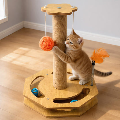 Cat Scratching Post with Vertical Scratcher and Tracking Interactive Toy for Kittens,4 in 1 Cat Scratcher Toy with Cat Ball Tracks,16.6" Tall with Interactive Feather7