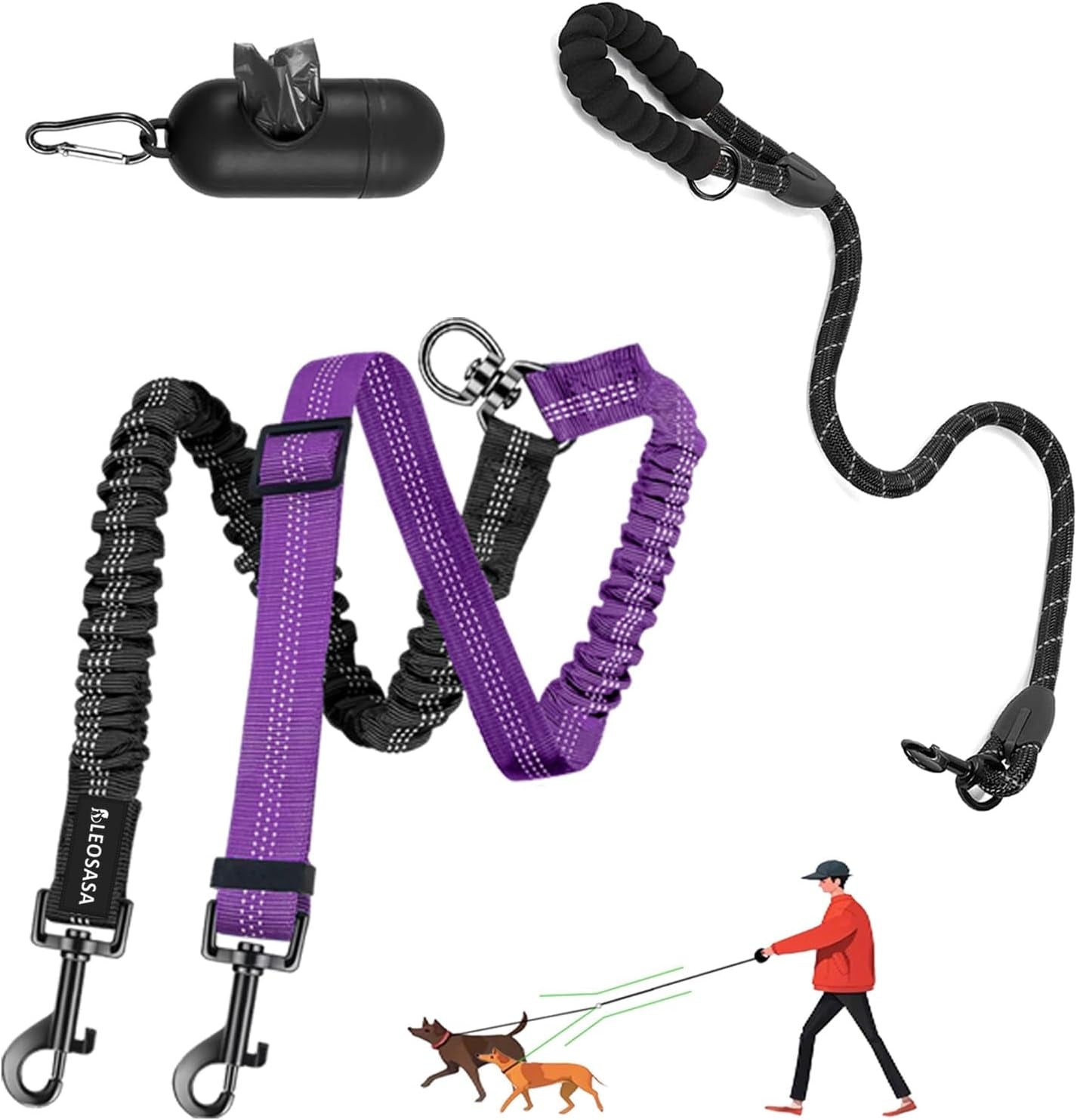 double-dog-leash-360-swivel-tangle-free-splitter-attachment-2-dogs-multi-functional-leashes-dual-rope-for-outdoor-walk-train-small-medium-large-two-pet-pink
