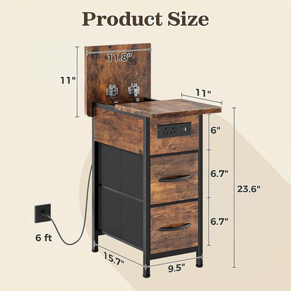 Narrow End Table with Charging Station, Side Table with 2 Drawers | Slim Night Stand with USB-C Port for Small Spaces, Flip Top Nightstand Bedside Couch Table, Living Room, Rustic Brown3