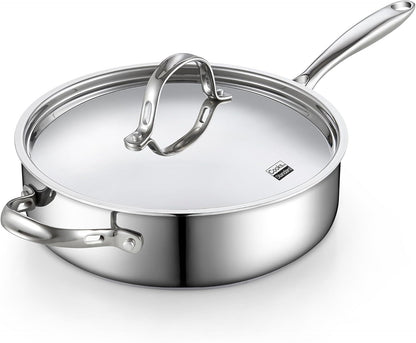 Classic 4 Quart Stainless Steel Sauté Pan with Lid, 10.5 Inch Deep Frying Pan, Induction Cookware Cooking Saute Skillet, Jumbo Cooker with Stay-Cool Handle, Dishwasher & Oven Safe1