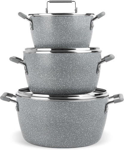Gray Pots and Pans Set Nonstick, 6 Stackable Piece Cooking Pots Set, Kitchen Pots, Non Stick Coating, 5Qt 3Qt & 1.5Qt Pots with Lids, Stay Cool Handles Dishwasher Safe 100% Toxin Free1