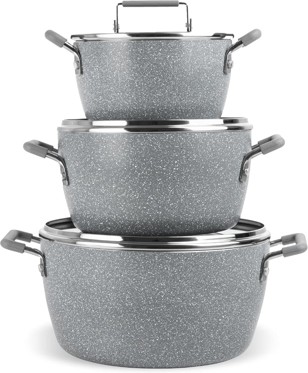 Gray Pots and Pans Set Nonstick, 6 Stackable Piece Cooking Pots Set, Kitchen Pots, Non Stick Coating, 5Qt 3Qt & 1.5Qt Pots with Lids, Stay Cool Handles Dishwasher Safe 100% Toxin Free1