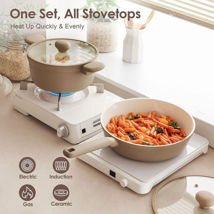 Ceramic Nonstick Pots and Pans Set 17Pcs Taupe | Healthy Nontoxic Ceramic Coating, Compatible with All Stoves Including Induction Cooktops, PFAS PTFE PFOA PFOS Free5