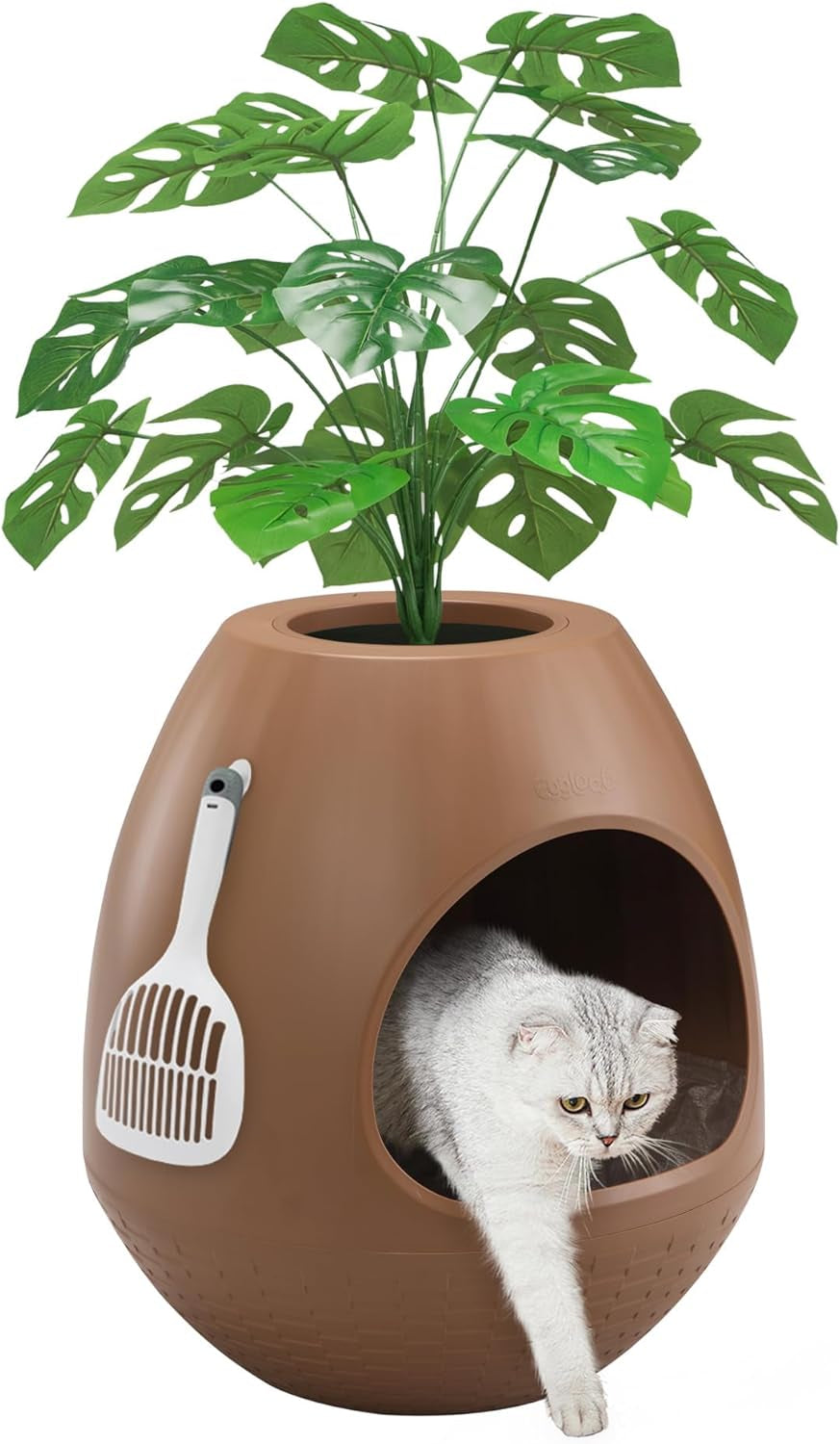 eggloa6-hidden-cat-litter-box-with-artificial-plants-odor-removal-system-egg-shaped-enclosure-includes-scoop-3pcs-liners-secret-discreet-furniture-diy-assembly-cat-litter-box-cabinet-brown