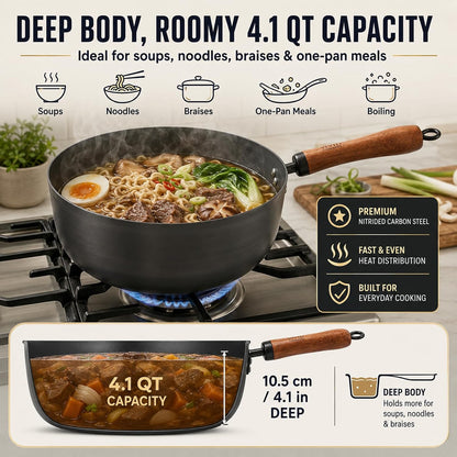 4 Qt Nitrided Carbon Steel Deep Wok with Lid, Flat Bottom | Deep 4 Qt Nitrided Steel for Braising, Soups, Noodles and One-Pot Meals; Wooden Handle; Gas, Electric and Induction Ready.3